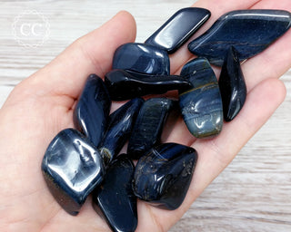 Blue Tigers Eye tumbled crystals in hand