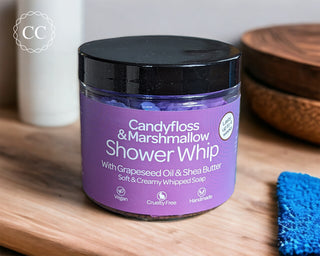 Candyfloss and Marshmallow Whipped Soap on a bathroom counter