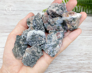 Diopside, Sphene, Quartz & Microline Raw Crystals in hand