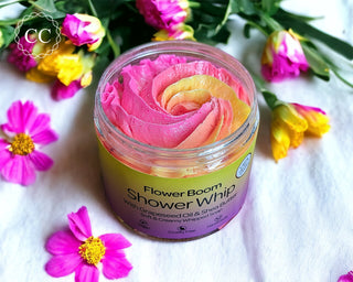 Flower Boom Whipped Soap surrounded by flowers