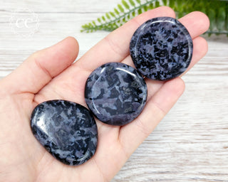Indigo Gabbro | Mystic Merlinite Palm Stones in hand