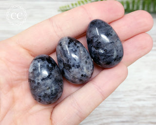Larvikite Mini crystal eggs in hand