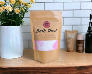 Rapsberry & Black Pepper Bubble Dust on the counter