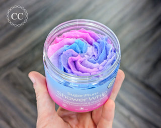 Sugar Plum Whipped Soap pot in hand