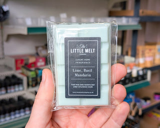 Lime, Basil, Mandarin wax melt bar in hand