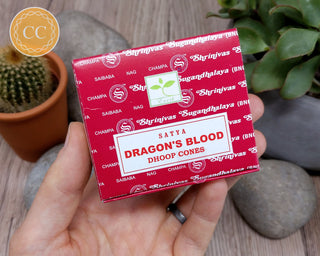 Satya Dragons Blood Incense Cones in hand