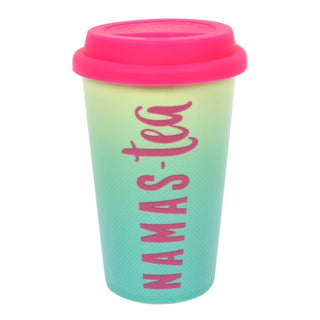 Namas-tea double walled thermal ceramic travel mug with insulated rubber lid on white background