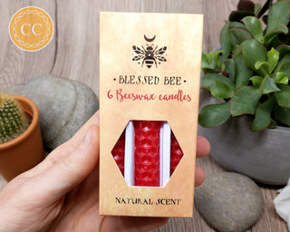 Red Beeswax Candle Box of 6 in hand