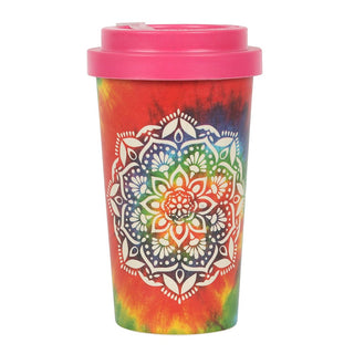 Tie Dye Mandala Bamboo Eco Travel Mug on white background