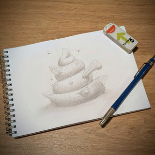 Pencil Sketch showing an artistic impression of dung containing multiple bones and fish parts