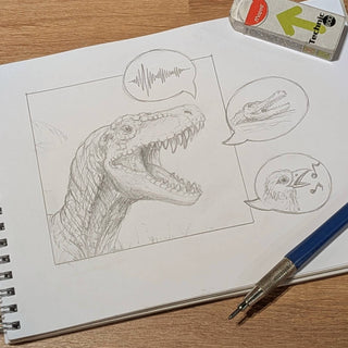 Sketch showing a Dinosaur roaring with suggestions as to what they may have sounded like