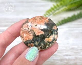 Actinolite, Peach Feldspar & Quartz Palm Stone #10