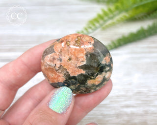 Actinolite, Peach Feldspar & Quartz Palm Stone #10