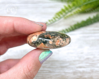 Actinolite, Peach Feldspar & Quartz Palm Stone #10