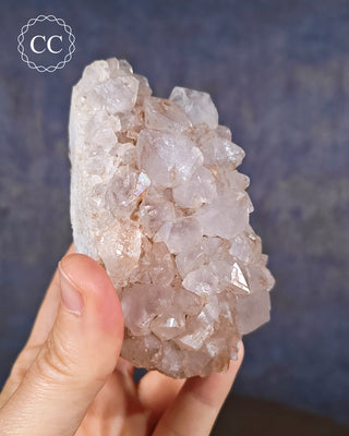 A hand holding an Anandalite / Aurora Quartz cluster
