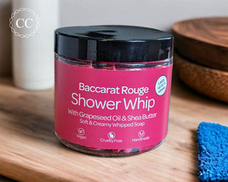 Baccarat Rouge Whipped Soap in bathroom