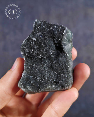 Black Amethyst Cluster from Uruguay in hand on blue background