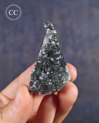 Black Amethyst Cluster from Uruguay in hand on blue background