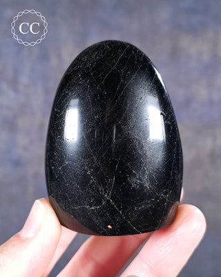 A hand holding a Black Tourmaline Freeform from Madagascar