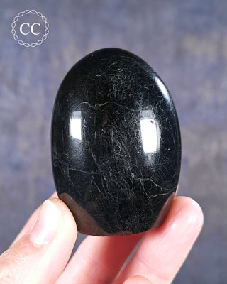 A hand holding a Black Tourmaline Freeform from Madagascar