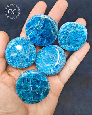 A hand holding 5 Blue Apatite Dragon Eggs from Madagascar
