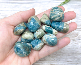 Blue Apatite in Feldspar Tumbled Crystals in hand