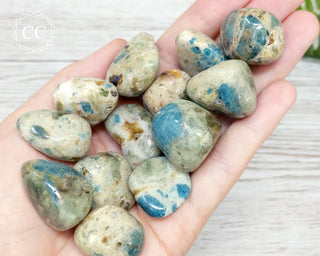 Blue Apatite in Feldspar Tumbled Crystals in hand