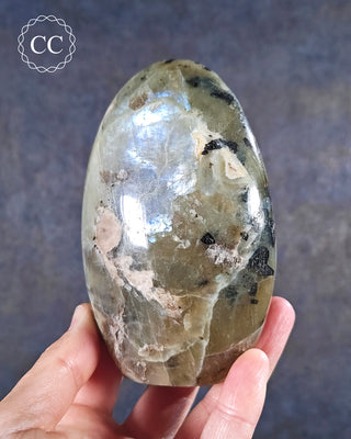 A hand holding a Blue Flash Garnierite  Green Moonstone cut base freeform from Madagascar