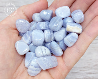 Small Blue Lace Agate Tumbled Crystals in hand