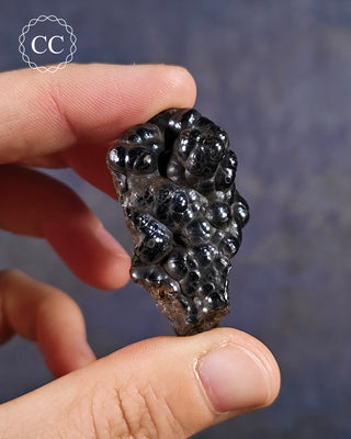 Botryoidal Hematite Specimen in hand on blue background