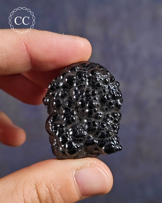 Botryoidal Hematite Specimen in hand on blue background