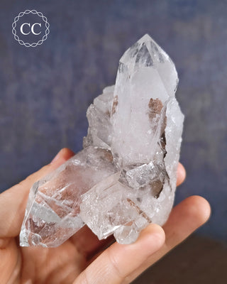 Brookite In Quartz from Brazil in hand on blue background