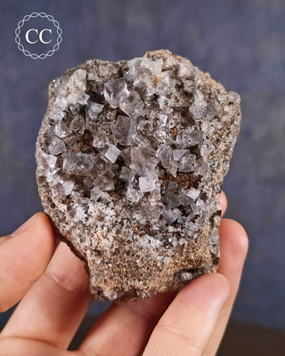 Burtree Slits Fluorite Specimen in hand, on a blue background