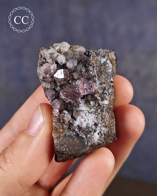 Burtree Slits Fluorite Specimen in hand, on a blue background