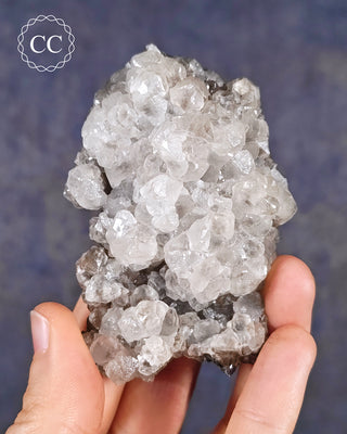 A hand holding a Calcite cluster with Chalcophanite from the Herculano Mine, Murcia, Spain