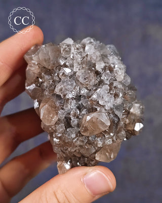A hand holding a Calcite cluster with Chalcophanite from the Herculano Mine, Murcia, Spain