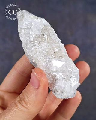 A hand holding a Calcite specimen with Marcasite inclusions  from the Linwood Mine, Buffalo, Iowa
