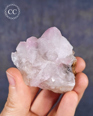 A hand holding a rare Canga Rosa specimen, also known as Crystallised Rose Quartz specimen
