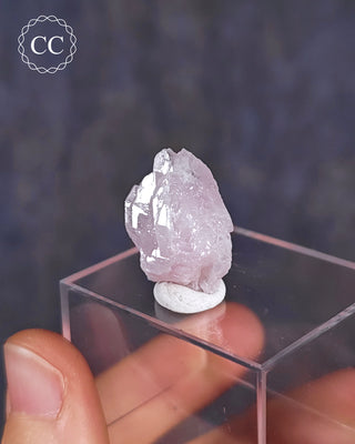 A rare Canga Rosa specimen, also known as Crystallised Rose Quartz specimen on a clear display box 