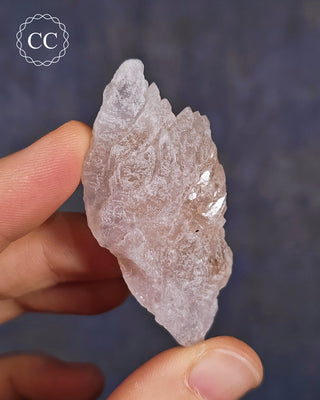 A hand holding a rare Canga Rosa specimen, also known as Crystallised Rose Quartz specimen