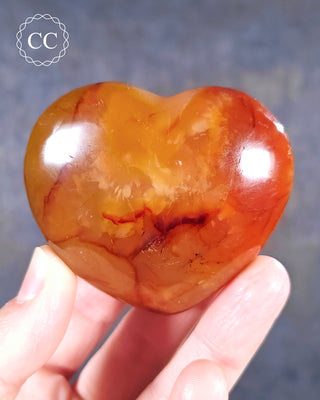 A hand holding a Carnelian Heart from Madagascar