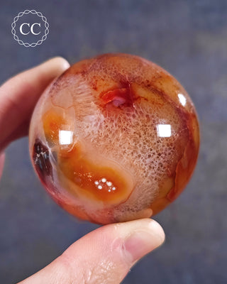 A hand holding A Carnelian Sphere from Madagascar