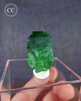  A rare Chrome Tourmaline mineral  from Tanzania on a clear display box 