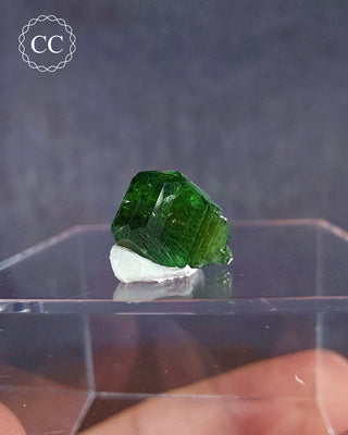  A rare Chrome Tourmaline mineral  from Tanzania on a clear display box 