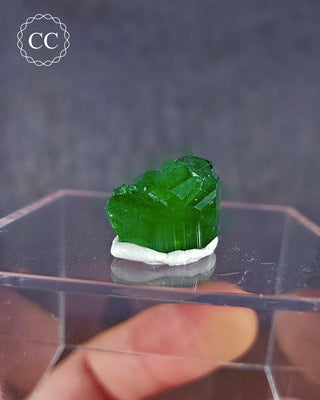  A rare Chrome Tourmaline mineral  from Tanzania on a clear display box 