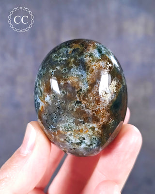 A hand holding an Ocean Jasper Palmstone from Madagascar