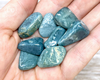 Dianite 'Blue Jade' Tumbled Crystals in hand