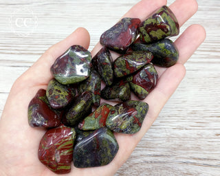 Dragons Blood Jasper Tumbled Crystals in hand
