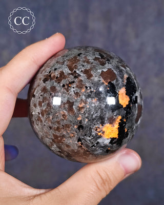 A hand holding a polished UV reactive Syenite fluorescent Sodalite sphere, also known as Firestone or Emberlite
