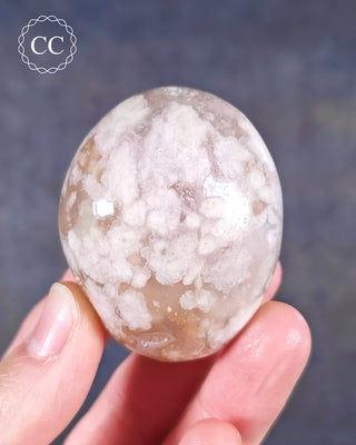 A hand holding a Flower Agate Chunky Palmstone from Madagascar